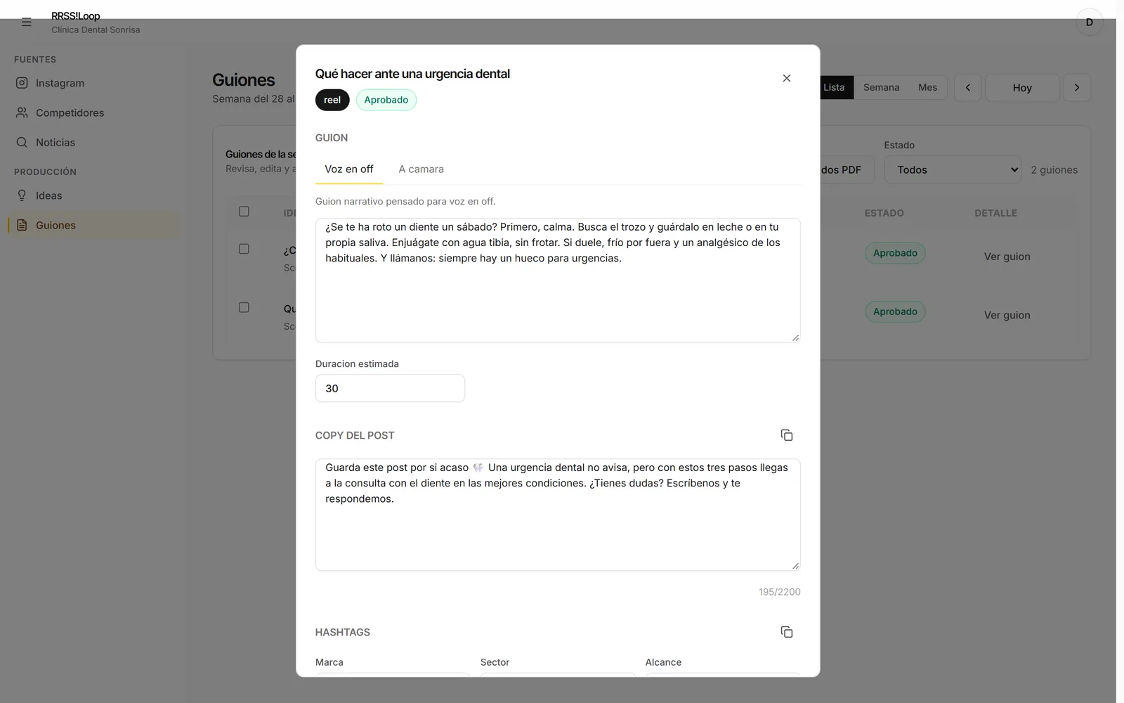 El guion de un reel, con la voz en off, la duración, el copy del post y los hashtags